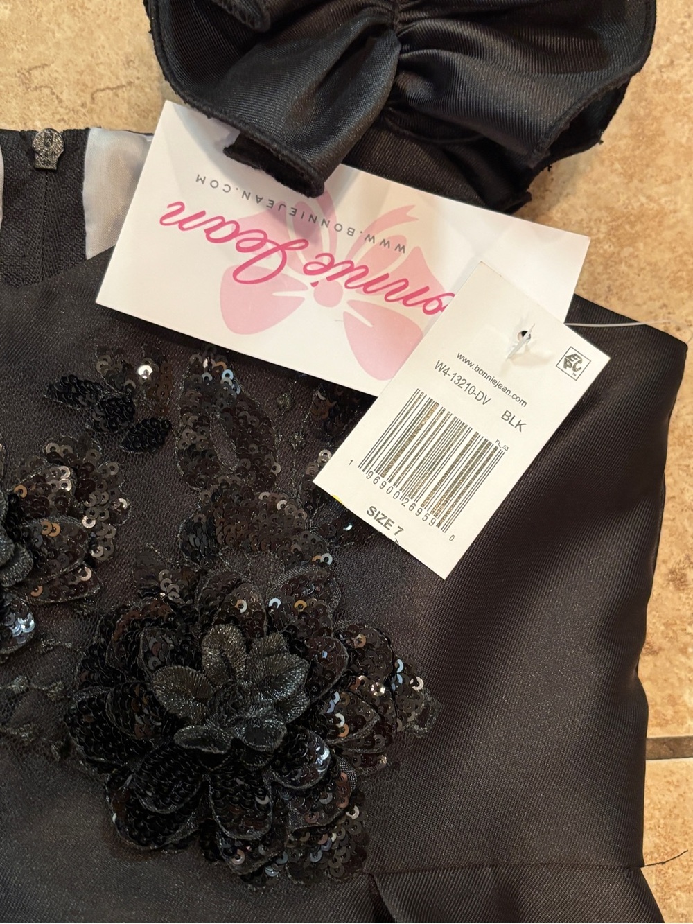 Bonnie Jean Girl’s Mikado Black Party Dress Bow & Sequin Details Swing Skirt - Picture 4 of 5